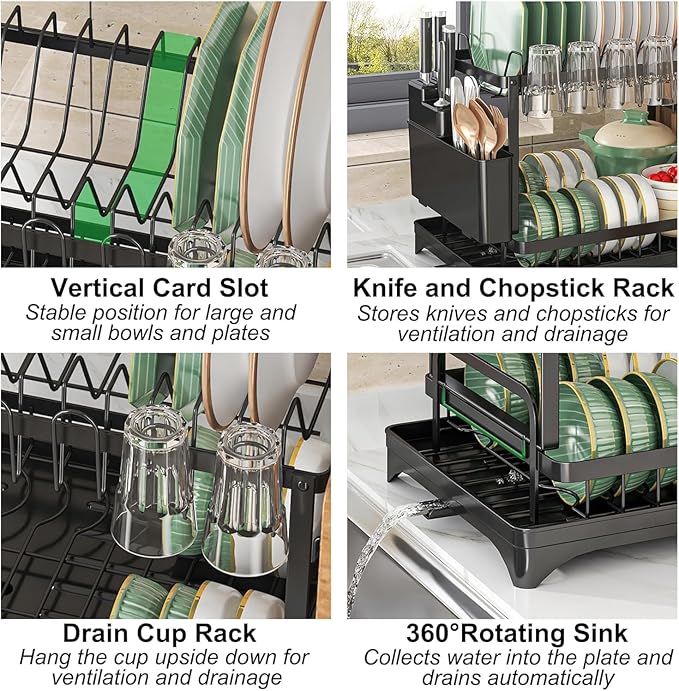 Drying Rack Kitchen, 2-Tier Dish Drying Rack Dish Racks for Kitchen Counter, Large Capacity Kitchen Organizer with Knife Slots & Cutlery Holder, Removable Drainboard for Plates, Bowls, Cups (Black)