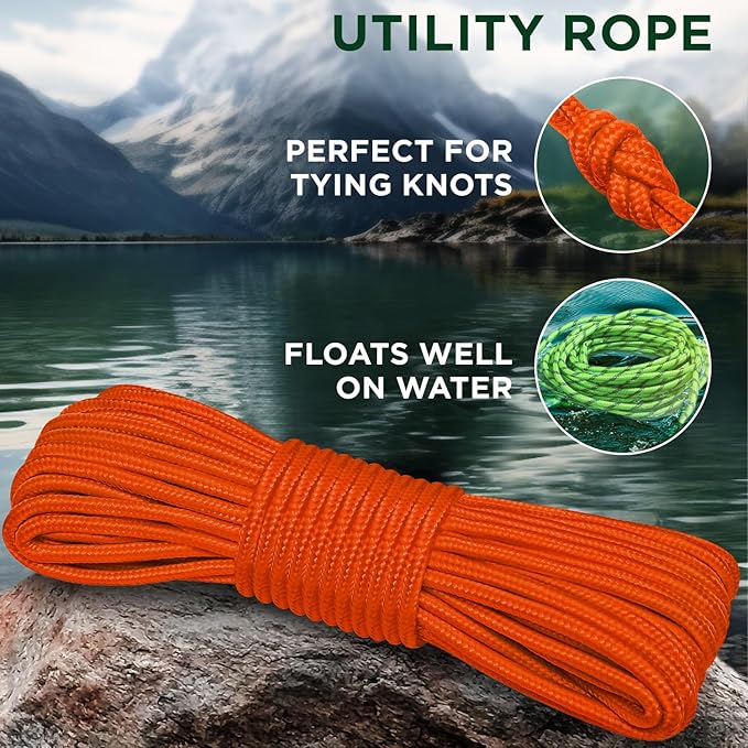 TECEUM Rope – 90 Feet x 1/4 Inch (7mm) – Orange – Strong All-Purpose Utility Rope – Camping, Crafting, Flag Pole, Indoor & Outdoor – Polypropylene Nylon Poly Lightweight Diamond Braided Cord