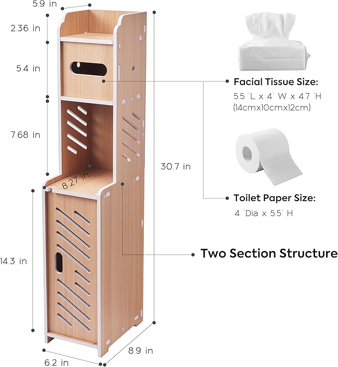 Doxo Waterproof Toilet Paper Holder Behind Toilet Storage Cabinet for Restroom, Slim Toilet Paper Storage with Lid (0ak)
