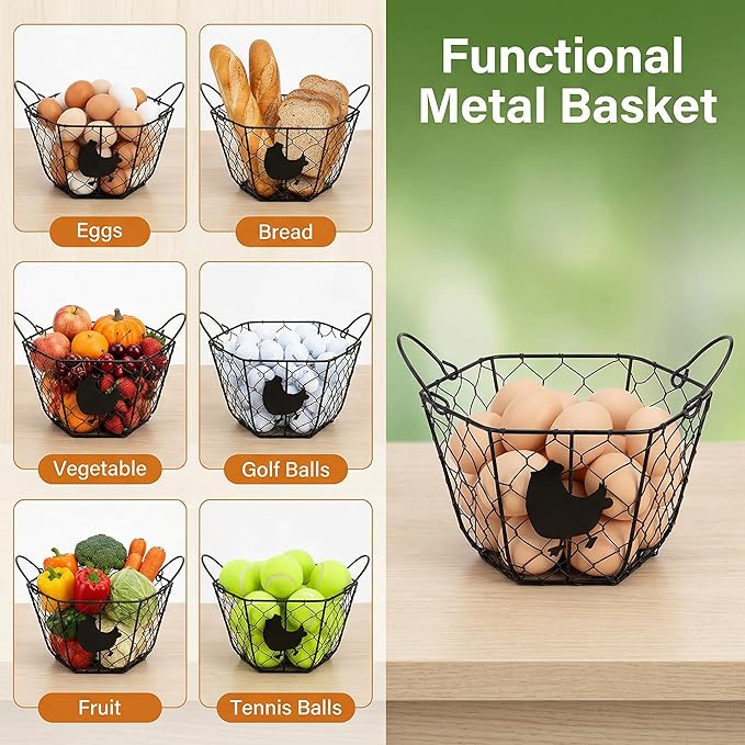 Goaste 2 Pack Metal Wire Egg Baskets, 9.5 Inch Chicken Egg Collecting Basket with Handle, Round Eggs Storage Container for Gathering Fresh Eggs, Vintage Black Wire Egg Holder for Easter Kitchen Home