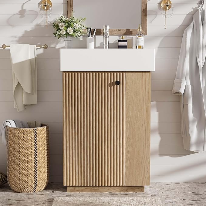 21.6" Small Fluted Bathroom Vanity with Sink,Soft Closing Doors and Storage Shelves,Natural Wood Single Bathroom Sink Cabinet Combo Freestanding, Natural Wood