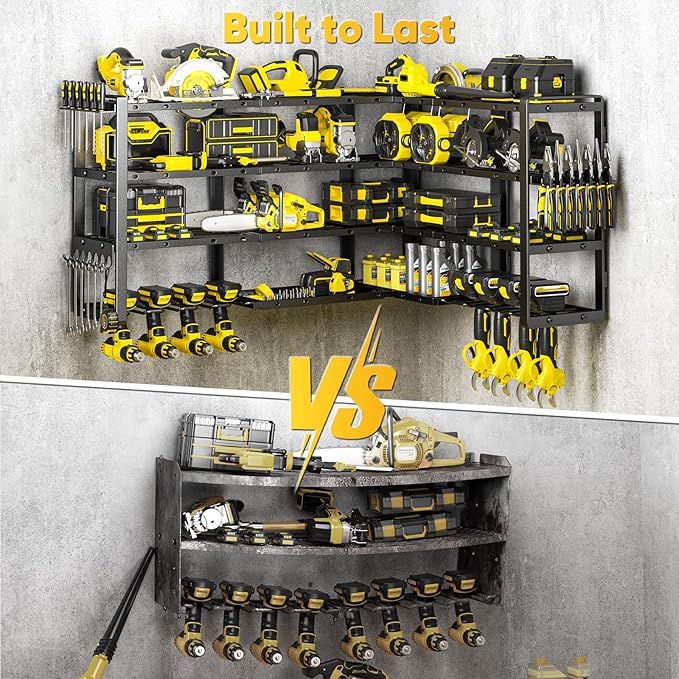 Extra Large 64" W Power Tool Organizer Wall Mount, Load 1000 lbs, Heavy Duty 4 Tier Garage Storage Rack with 8 Drill Holders, 2 in 1 Corner or Straight Installation