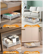 Under Bed Storage With Wheels, 4 Pack Foldable Pattern Carved Metal Under Bed Storage Containers, 60L Rolling Underbed Storage, Easy Assembly Under The Bed Storage for Shoes, Blankets...