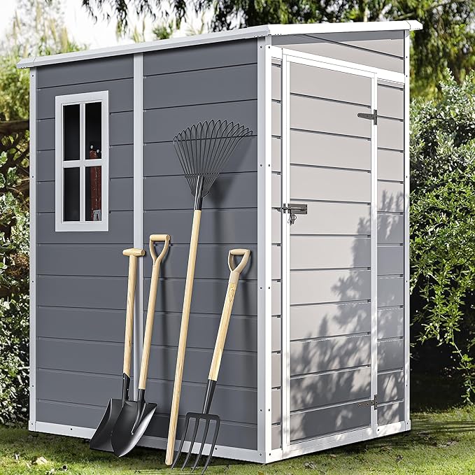 DWVO 5x4 FT Outdoor Storage Shed with Floor, All-Weather Resin Storage Shed with Lockable Door & Window, Waterproof Plastic Tool Storage for Garden, Backyard, Patio, Lawn, Gray