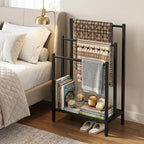 Freestanding Towel Rack, 3 Tier Metal Standing Towel Rack with Wooden Shelf, Blanket Holder and Bath Towel Drying Rack for Bathroom, Black