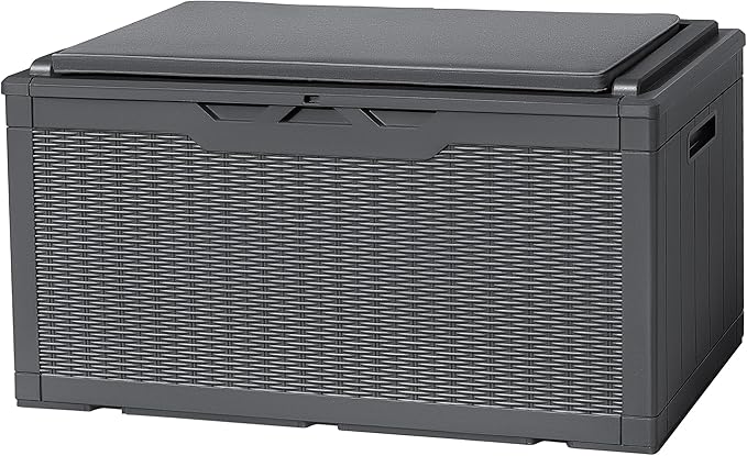 Flamaker Deck Box with Cushion 98 Gallon Waterproof Resin Storage Box with Air Rod Indoor Outdoor Lockable Storage Bench for Patio Furniture, Tools, Pool Accessories (Gray)