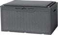 Flamaker Deck Box with Cushion 98 Gallon Waterproof Resin Storage Box with Air Rod Indoor Outdoor Lockable Storage Bench for Patio Furniture, Tools, Pool Accessories (Gray)