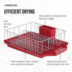 Farberware Classic Large Rust Resistant Full Dishrack with Removable 3 Compartment Flatware Caddy, Andlged Drain Board, 3-Piece, Red