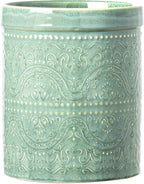 Kitchen Utensil Holder, 7 Inches Large Ceramic Utensil Holder for Countertop, Lace Emboss Cooking Utensil Crocks for Kitchen, Home Decor, Off-White, Forest Green