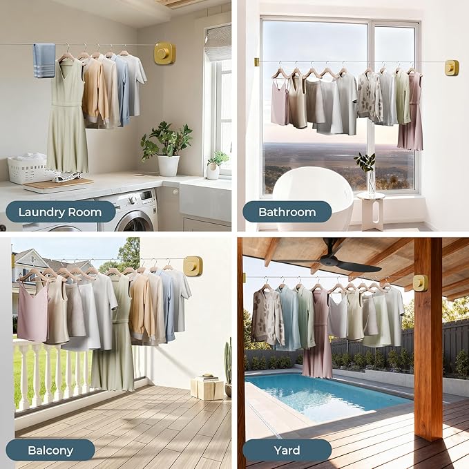 FORIOUS Retractable Clothesline Indoor, 13.8 Ft Non-Sagging Outdoor Clothes Line, Rustproof All Stainless Steel Heavy Duty Clothes Drying Laundry Line, Screw Wall Mounted for Bathroom, Brushed Gold