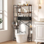 Over The Toilet Storage Shelf with Drawer, 7-Tier Above Toilet Bathroom Organizer with Adjustable Side Shelves, Space Saver Freestanding Rack with Holder & Hook for Laundry Kitchen (Brown)