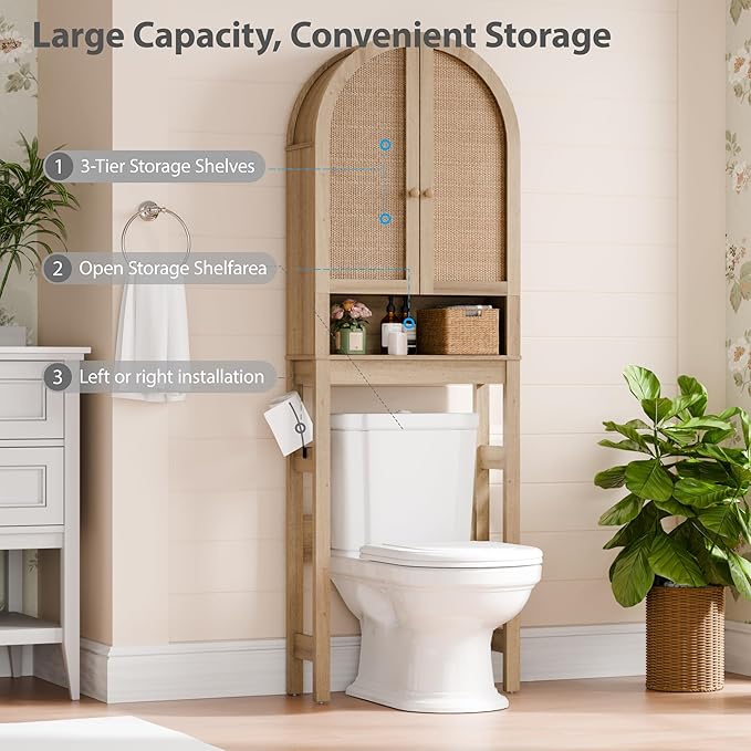 Over The Toilet Storage Cabinet, 23.7”W Modern Storage Cabinet Over Toilet with Rattan Doors, Arched Freestanding Over Toilet Rack with Adjustable Shelf for Bathroom, Nature