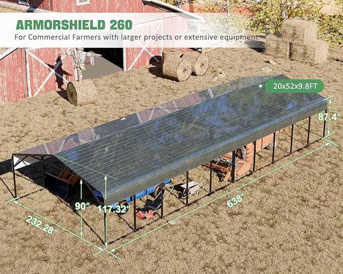 20x52 FT Ultra-Long Industrial Carport Kit, All-Weather Steel Garage for Class A RVs,Farm Equipment, 120lbs/Sq.Ft Snow Wind Resistant Carports Modular Canopy with Anti-Snow Roof Auger Anchoring System