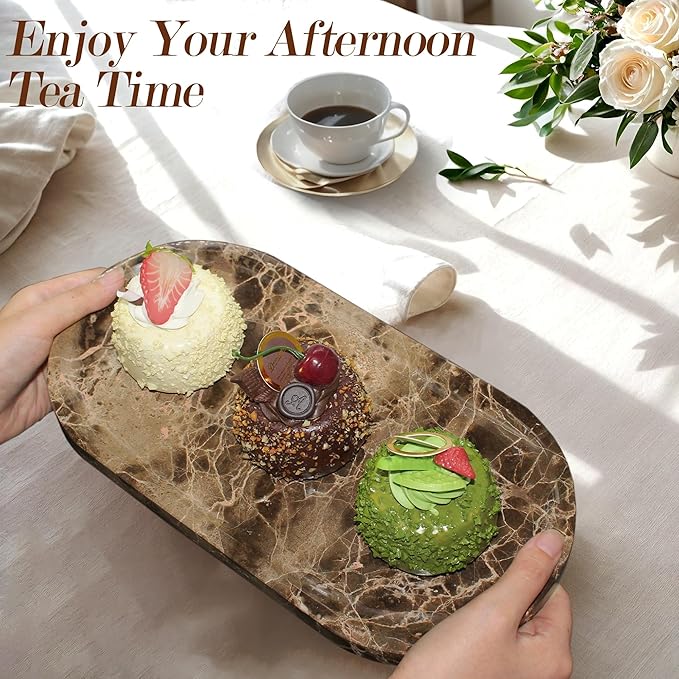 Genuine Real Natural Marble Tray for Bathroom, Luxury Dark Brown Stone Vanity Tray, Decorative Oval Trays for Countertop Storage, Vanity, Dresser, Kitchen, Home Decor, 11.8" x 6", Brown