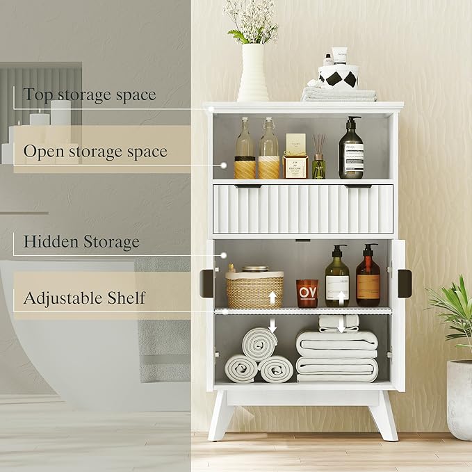 FLOWBACK Fluted Cabinet, 40'' High Coffee Bar Cabinet with Drawer & Door, Bathroom Storage with Open Shelf, Wood Kitchen Pantry Sideboard Buffet Table with Shelves for Kitchen, Dining Room, Entryway
