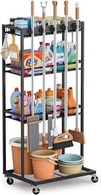 Olakee Taller Broom Holder with Cleaning Supplies Organizer, Broom Closet Storage Cabinet with Mop Hanger Gripper Rack Hooks, Housekeeping Janitorial Cart with Cleaning Caddy, Garage Home Improvement