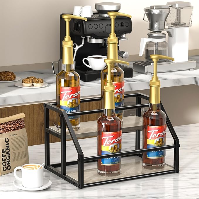 Coffee Syrup Rack Organizer, Syrup Bottle Holder Stand for Coffee Bar, 2-Tier 8 Bottles Storage Shelves for Syrup, Wine, Dressing for Kitchen Countertop, Greige