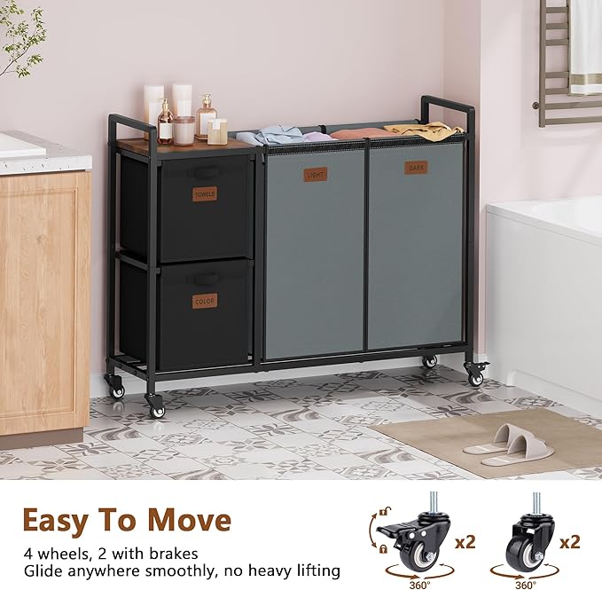 Hoctieon 4 Section Laundry Cart, 48 Gal. (182L) Laundry Hamper with Lid, Laundry Basket with Wheels, Rolling Laundry Sorter Organizer with Shelf, Clothes Separator with Removable Bags, Black+Gray