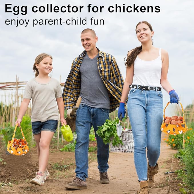 Egg Collecting Basket, Canvas Egg Basket for Gathering with 7 Pouches for Chicken, Duck, Goose, Bird, Various Poultry Collection (Yellow chicken)
