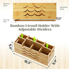 Kcrystenia Large Kitchen Utensil Holder for Countertop, 8 Adjustable Compartments Cooking Utensil Holder Organizer, Bamboo Silverware Caddy with Absorbing Stone Drying Mat for Spatula Spoon