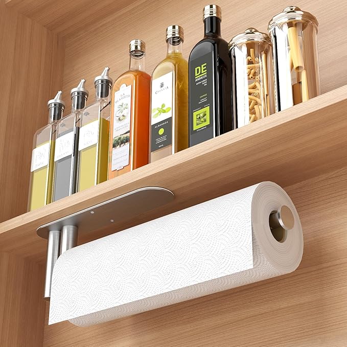 Paper Towel Holder Under Cabinet, 13Inch Self-Adhesive or Wall Paper Towel Holder for Kitchen, Bathroom, RV, Brushed Nickel