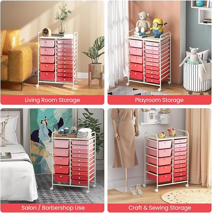 RELAX4LIFE 15-Drawer Storage Drawer Carts - Mobile Rolling Utility Cart w/Wheels, Craft Organizer for Classroom Organization and Storage, School, Office, Home, Storage Organizer Cart (Gradient Pink)