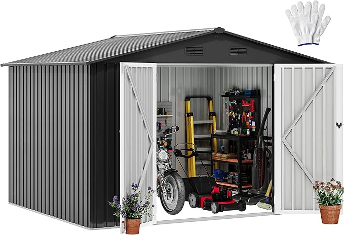 DWVO 10x8FT Outdoor Storage Shed, Spacious Metal Tool Shed with Lockable Doors & Ventilation for Patio, Lawn, and Backyard, Ideal for Storing Garden Equipment, Lawnmowers, and Bicycles, Dark Gray
