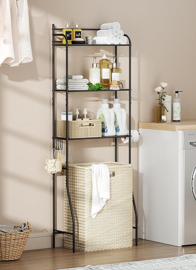 3-Tier Over The Toilet Storage, Bathroom Organizer, Space-Saving, Above Toilet Storage Rack with 4 Hooks and Paper Holder, Metal Shelf, Black