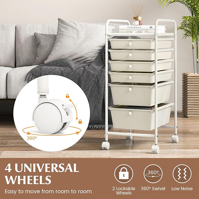 GOFLAME 6-Drawer Rolling Storage Cart, Multifunctional Art Supply Organizer Cart, Mobile Utility Storage Cart with Removable Drawers & Lockable Wheels, Craft Cart for Home Office, White
