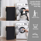 60L Slim Laundry Hamper, Narrow Laundry Basket with Lid,Foldable Clothes Hamper with Bamboo Handles,Hamper Basket with Removable Inner Bag for Laundry Room Bedroom College Dorm,Black