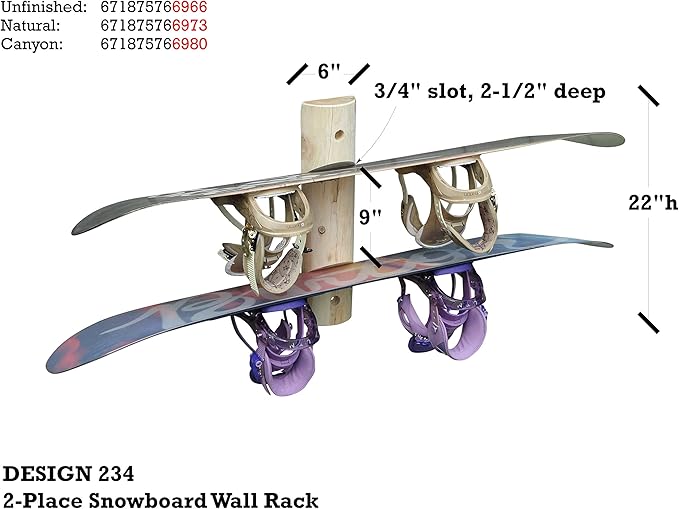 2-Place Wall-Mounted Snowboard Log Racks - Vertical Snowboard Wall Mount Garage Racks, Indoor & Outdoor Snowboarding Holders for Walls, Snowboards Storage Rack Garage - Unfinished