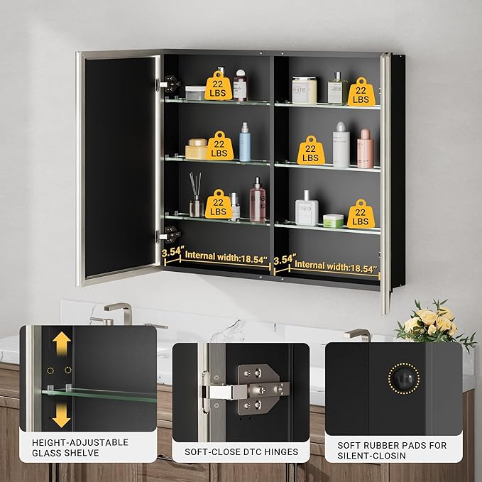 Pre-Assembled Surface or Recessed Medicine Cabinet Mirror-40x30 Brushed Nickel Bathroom Medicine Cabinet with Mirror & Rustproof Aluminum Frame, Beveled Bathroom Vanity Mirror with Storage