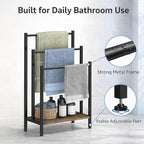 Free Standing Towel Rack, 3 Tier Freestanding Towel Stand with Storage Shelf, Metal Blanket Rack Stand for Bathroom, Bedroom, Living Room, Rustic Brown