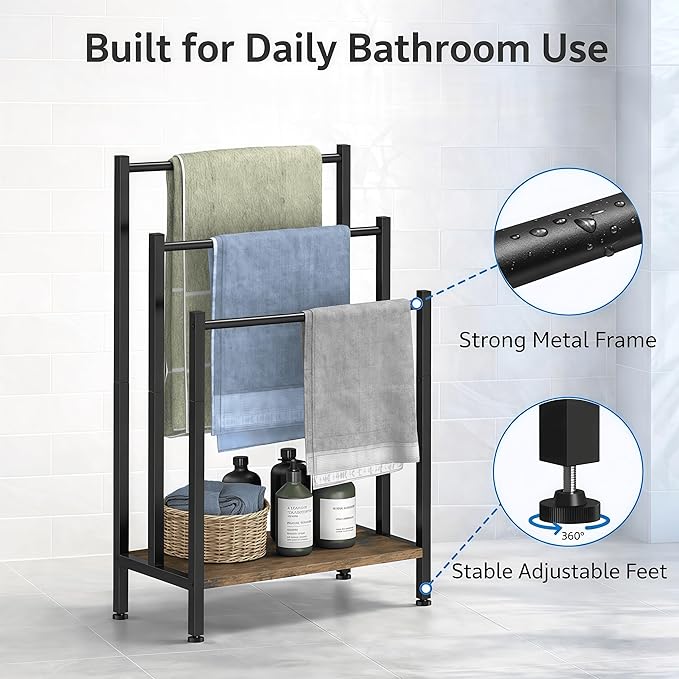 Free Standing Towel Rack, 3 Tier Freestanding Towel Stand with Storage Shelf, Metal Blanket Rack Stand for Bathroom, Bedroom, Living Room, Rustic Brown