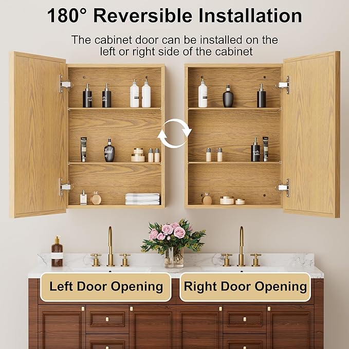 16x24 Inch Wood Medicine Cabinet with Mirror, Surface or Recessed Mounted Bathroom Cabinets with Adjustable Shelves, Soft-Close Hinges, Wall Mounted Cabinet for Storage