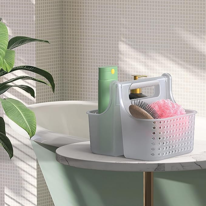 Brookstone Modern Large Portable Shower Caddy with Soft Silicone Carrying Handle, Bathroom Organizer Basket, Plastic Bath Tote and Shower Organizer, Quick Dry Drainage Holes, BPA Free, Clear