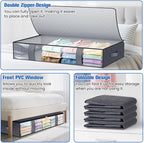 Under Bed Storage Containers, 6 Pack Blanket Storage Bags, Collapsible Storage Bags with Big Zippers, Clear Front, Shoe Storage and Organization for Clothes, Comforter, 90L, Grey
