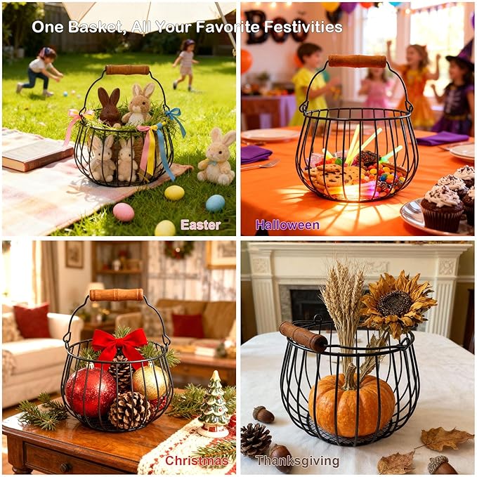 Farmhouse Egg Basket for Gathering Fresh Eggs - 24 Egg Capacity Wire Basket with Wood Handle, Chicken Coop to Kitchen Counter Organizer for Potatoes, Onions & More