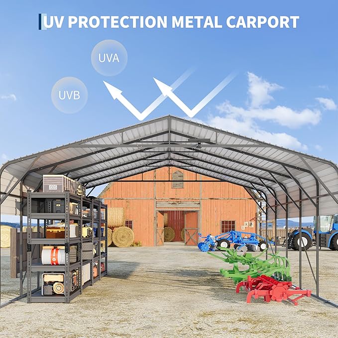20x25FT Metal Carport w/Led Light,Outdoor Portable Car Garage for Multiple Vehicles,Reinforced Base & Galvanized Steel Roof, Outdoor Car Port Canopy Shelter for Boats, Full-Sized Pickup Trucks
