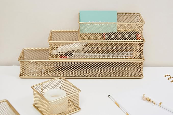 Annova Mesh Stackable Drawer Cabinet and Shelf Organizer Bins Storage Basket School Office Supply Holder Tray- Set of 2 (Gold, 6x6x2 Inch)