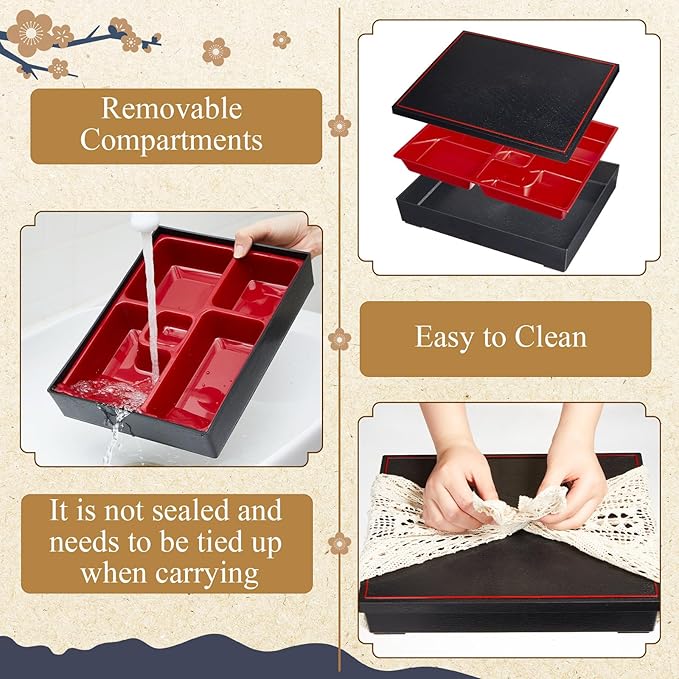2 Pcs 12 x 9.5 x 2.2 Inch Japanese Lunch Box 5 Compartments Divided Bento Box with Greaseproof Adult Japanese Bento Lunch Container Sushi Home Restaurant