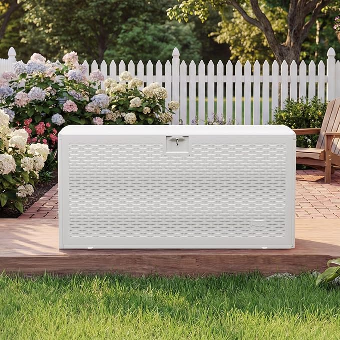 Garvee 99 Gallon Waterproof Large Resin Deck Box Indoor Outdoor, Lockable Storage Container for Patio Furniture Tools, Waterproof Deck Box Patio Storage Bin for Pool Garden, White