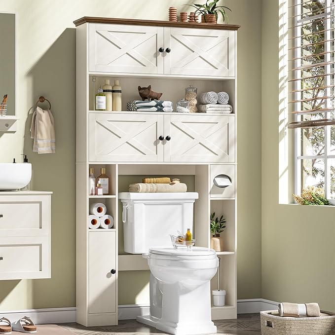 Over The Toilet Storage Cabinet, Farmhouse Storage Over Toilet with 4 Barn Doors & Adjustable Shelf, Space Saving Bathroom Organizer with Toilet Paper Holder Stand for Bathroom, Laundry, Rustic White