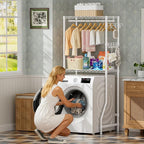 Over Washer and Dryer Shelves,2 Tier Adjustable Height Wire Shelving Laundry Room Storage Organization Clothes Drying Rack with Hanger Rod&Hooks,Space Saving Organizers Shelf,White
