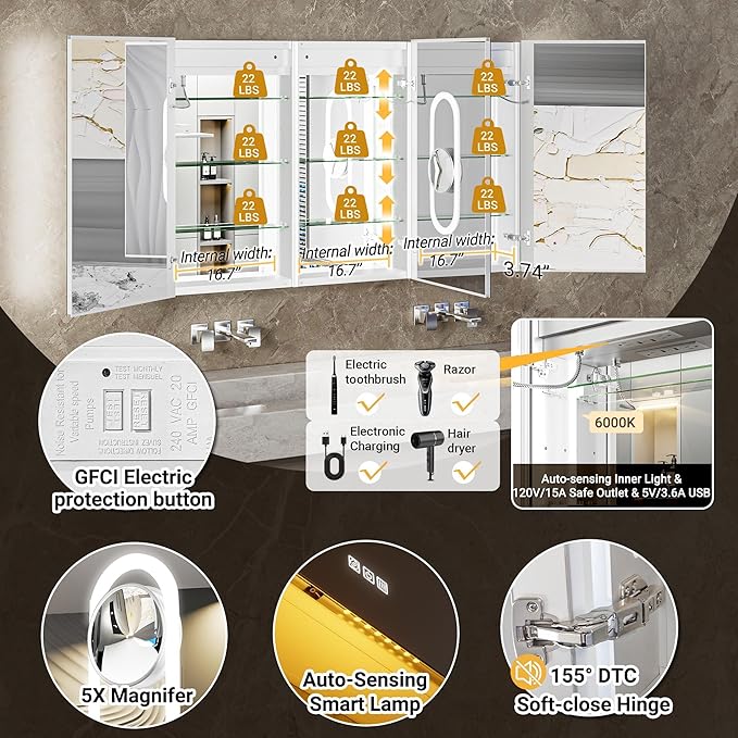54x32 Lighted Medicine Cabinet Mirror with Magnifying & Night Lamp, 155° Soft-Close Hinge, Surface or Recessed Medicine Cabinet with Lights & Outlet, GFCI,Time Display& Inner Light,Hardwired