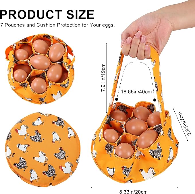 Egg Collecting Basket, Canvas Egg Basket for Gathering with 7 Pouches for Chicken, Duck, Goose, Bird, Various Poultry Collection (Yellow chicken)