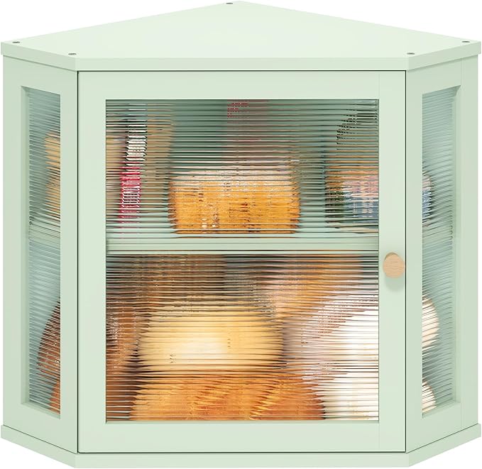 Corner Bread Box for Kitchen Countertop, Bamboo Wood Black Bread Box, Large Capacity Bread Storage Bin with Acrylic Wavy Door Panel