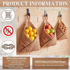 Honeydak Boho Decor Hanging Wall Baskets for Kitchen 3 Pack Teardrop Baskets with Hooks Storage Fruit Onion Vegetable Potato for Home 3 Sizes(Linen,Triangle,Jute)