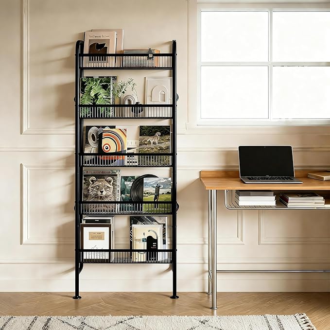 Behind The Door Narrow Bookshelves Pantry Spice Rack 5-Tier Slim Metal Space-Saving Organizer for Bathroom Closet Kitchen Living Room Sturdy Room Laundry Room, Black