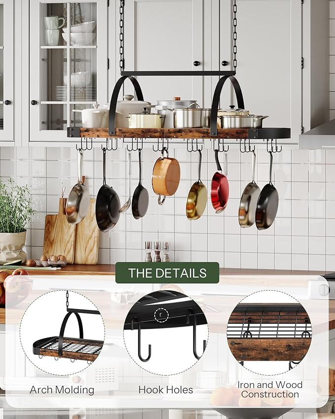 Hanging Pot Rack, Pot Hanger for Kitchen, Ceiling Mounted Pot Holder, Cookware Organizer with 24 S-Shaped Hooks, for Pot, Pan Storage, Space-Saving, Rustic Brown and Black TPR28BF